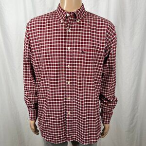 American Eagle Men's Medium Red Plaid Check Oxford Long Sleeve Button-Up Shirt